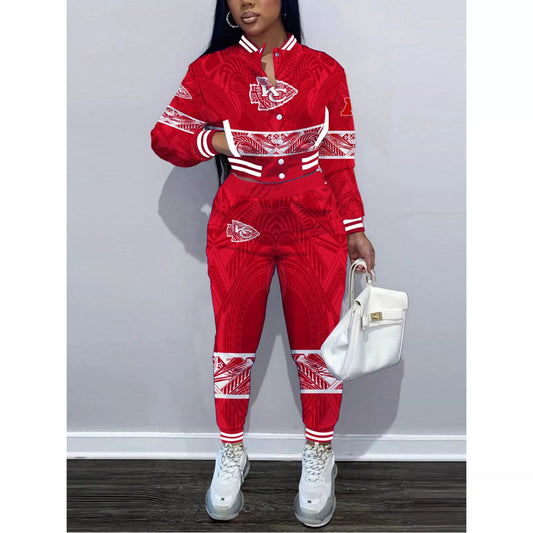Kansas City Chiefs Women’s Outfits Varsity Jacket Crop Tops Sweatpants Tracksuit 11