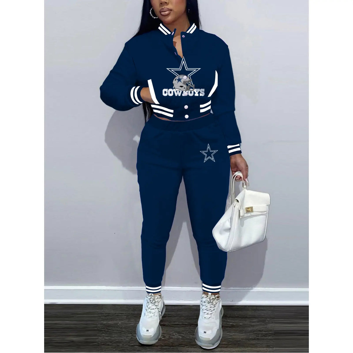 Dallas Cowboys Women’s Outfits Varsity Jacket Crop Tops Sweatpants Tracksuit 12