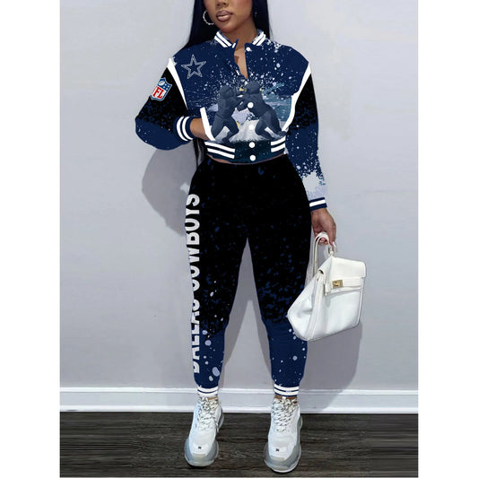 Dallas Cowboys Women’s Outfits Varsity Jacket Crop Tops Sweatpants Tracksuit 13