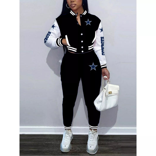 Dallas Cowboys Women’s Outfits Varsity Jacket Crop Tops Sweatpants Tracksuit 15