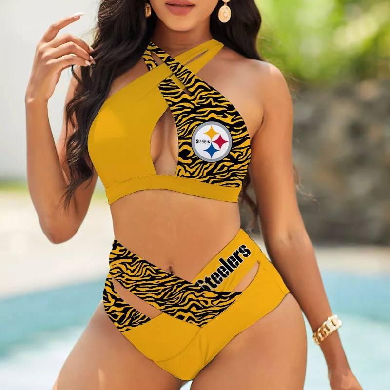 Pittsburgh Steelers Women’s 2PCS Bikini Swimsuit Criss Cross Cutout Bathing Suit S05-3