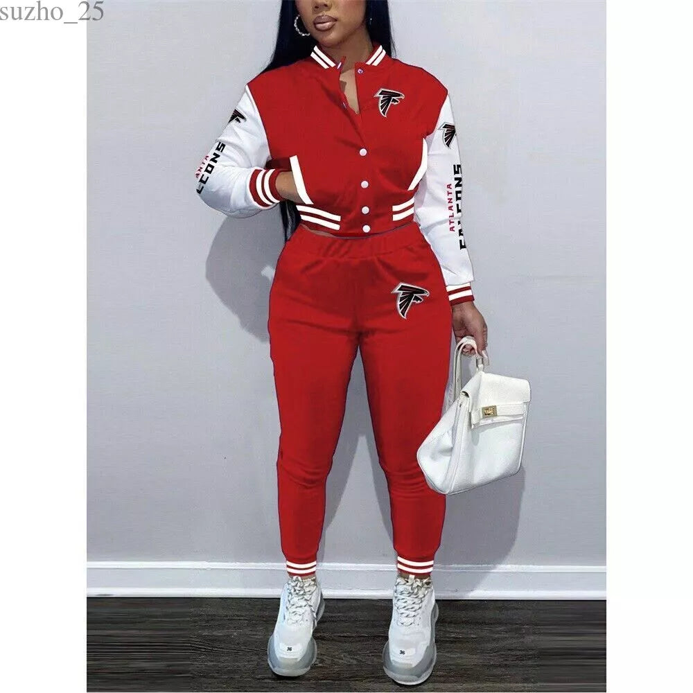Atlanta Falcons Women’s Outfits Varsity Jacket Crop Tops Sweatpants Tracksuit 21