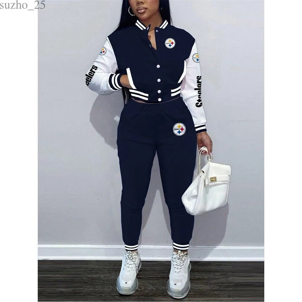 Pittsburgh Steelers Women’s Outfits Varsity Jacket Crop Tops Sweatpants Tracksuit 23