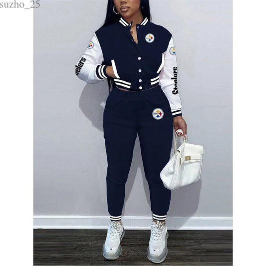 Pittsburgh Steelers Women’s Outfits Varsity Jacket Crop Tops Sweatpants Tracksuit 23