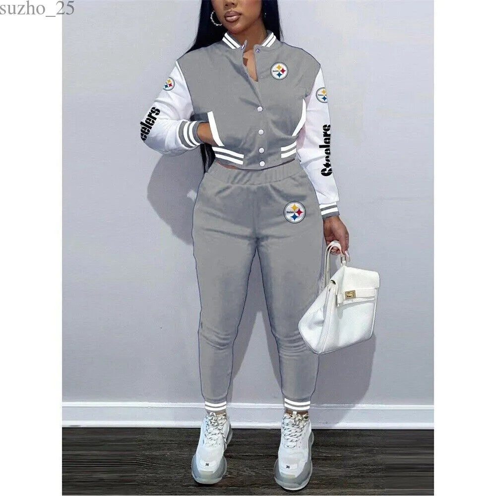 Pittsburgh Steelers Women’s Outfits Varsity Jacket Crop Tops Sweatpants Tracksuit 24