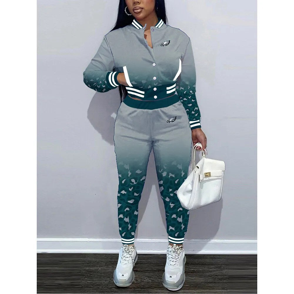 Philadelphia Eagles Women’s Outfits Varsity Jacket Crop Tops Sweatpants Tracksuit 36
