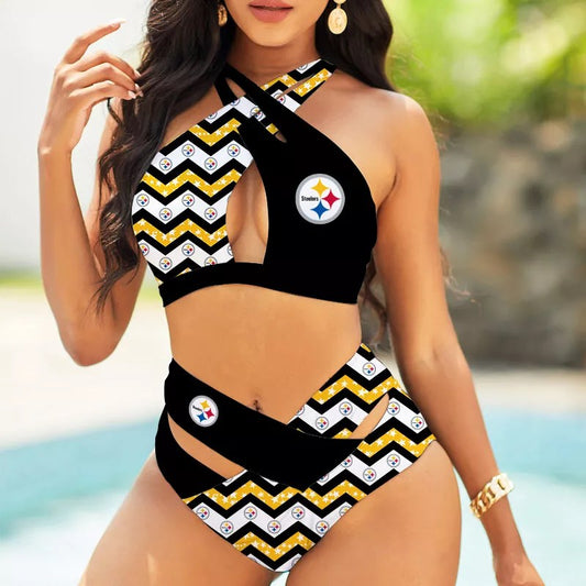 Pittsburgh Steelers Women’s 2PCS Bikini Swimsuit Criss Cross Cutout Bathing Suit S05-4
