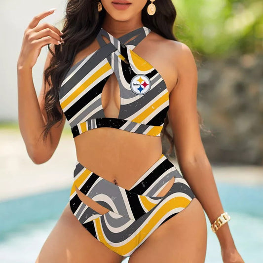 Pittsburgh Steelers Women’s 2PCS Bikini Swimsuit Criss Cross Cutout Bathing Suit S05-5