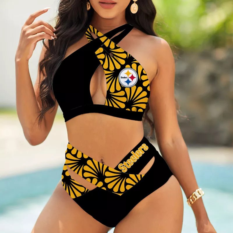 Pittsburgh Steelers Women’s 2PCS Bikini Swimsuit Criss Cross Cutout Bathing Suit S05-7
