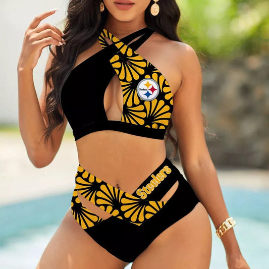 Pittsburgh Steelers Women’s 2PCS Bikini Swimsuit Criss Cross Cutout Bathing Suit S05-7