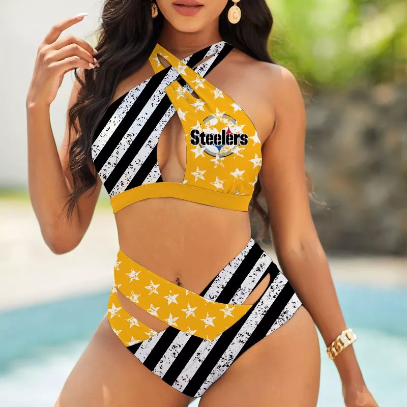 Pittsburgh Steelers Women’s 2PCS Bikini Swimsuit Criss Cross Cutout Bathing Suit S05-8