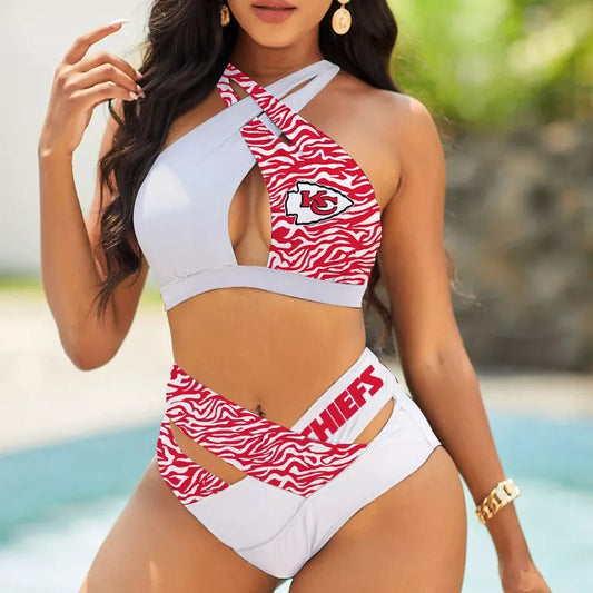 Kansas City Chiefs Women’s 2PCS Bikini Swimsuit Criss Cross Cutout Bathing Suit S02-2