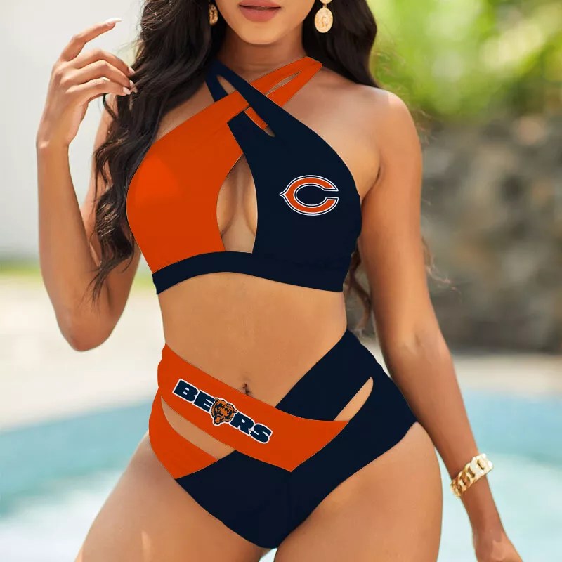Chicago Bears Women’s 2PCS Bikini Swimsuit Criss Cross Cutout Bathing Suit S07-1