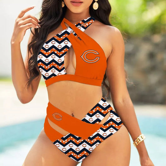 Chicago Bears Women’s 2PCS Bikini Swimsuit Criss Cross Cutout Bathing Suit S07-4