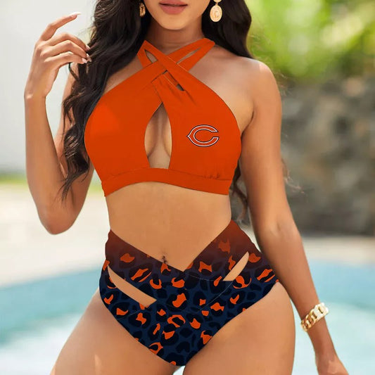 Chicago Bears Women’s 2PCS Bikini Swimsuit Criss Cross Cutout Bathing Suit S07-6