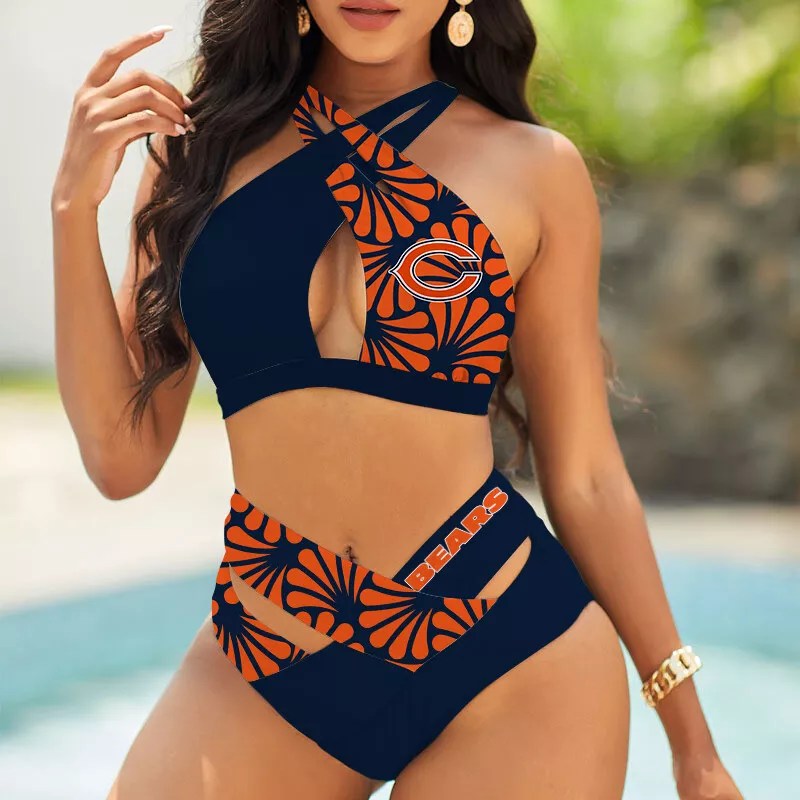 Chicago Bears Women’s 2PCS Bikini Swimsuit Criss Cross Cutout Bathing Suit S07-7