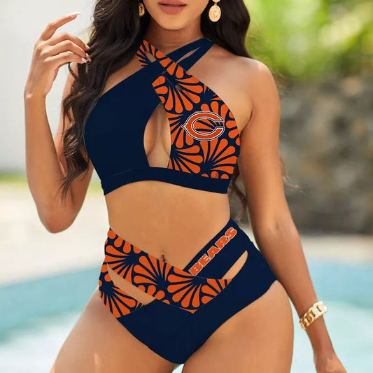 Chicago Bears Women’s 2PCS Bikini Swimsuit Criss Cross Cutout Bathing Suit S07-7