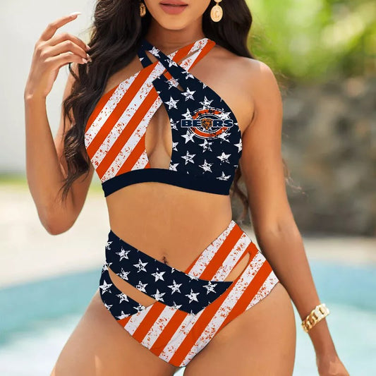 Chicago Bears Women’s 2PCS Bikini Swimsuit Criss Cross Cutout Bathing Suit S07-8