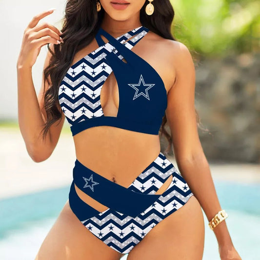 Dallas Cowboys Women’s 2PCS Bikini Swimsuit Criss Cross Cutout Bathing Suit S06-1