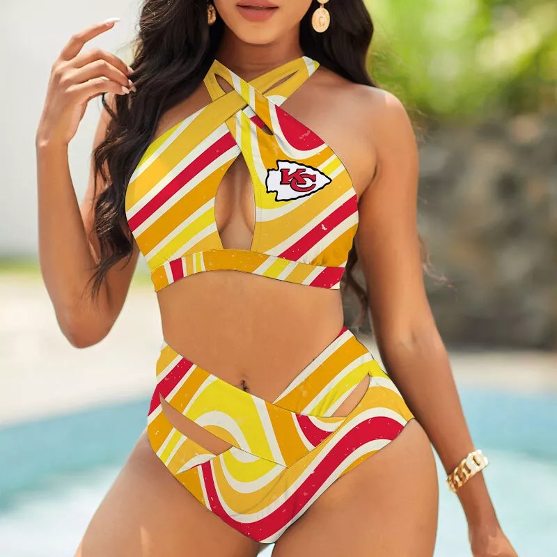 Kansas City Chiefs Women’s 2PCS Bikini Swimsuit Criss Cross Cutout Bathing Suit S02-4
