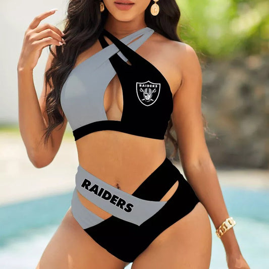 Las Vegas Raiders Women’s 2PCS Bikini Swimsuit Criss Cross Cutout Bathing Suit S10-1