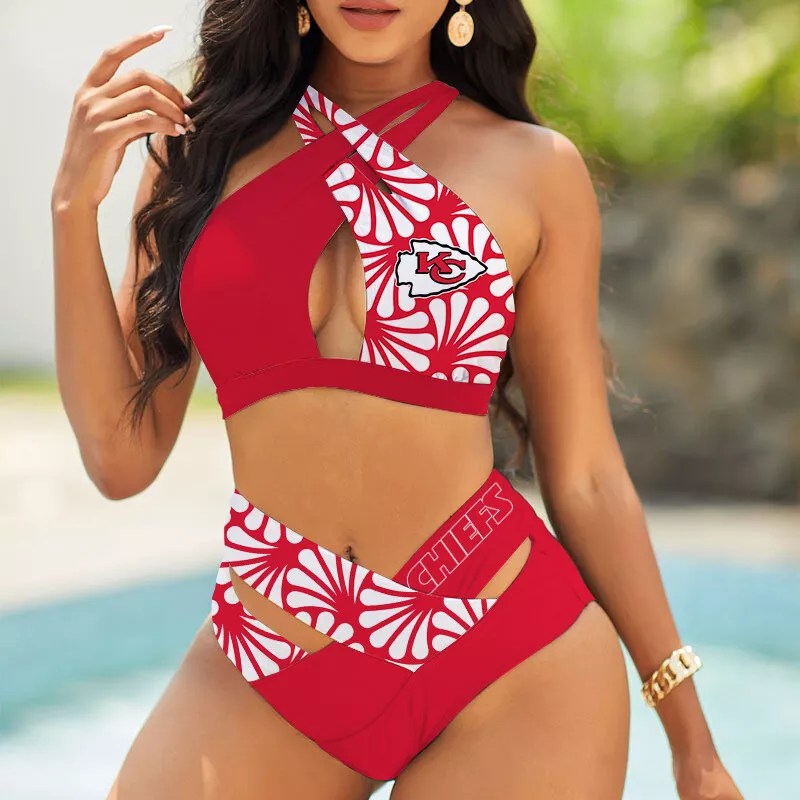 Kansas City Chiefs Women’s 2PCS Bikini Swimsuit Criss Cross Cutout Bathing Suit S03-1