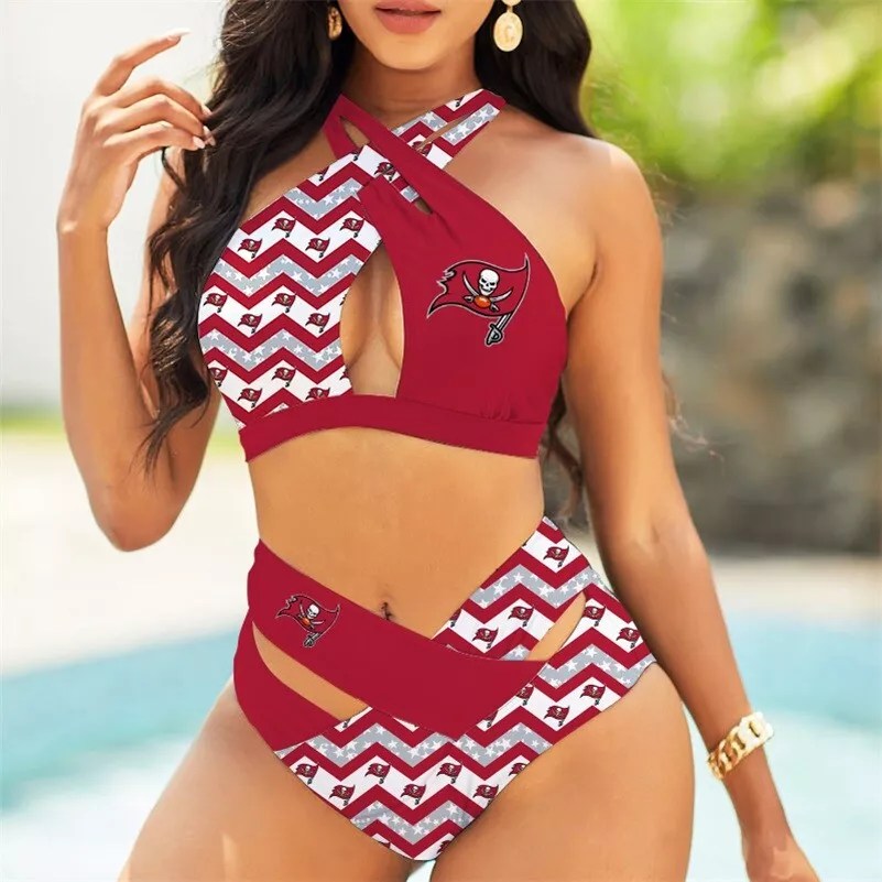 Tampa Bay Buccaneers Women’s 2PCS Bikini Swimsuit Criss Cross Cutout Bathing Suit S12-2