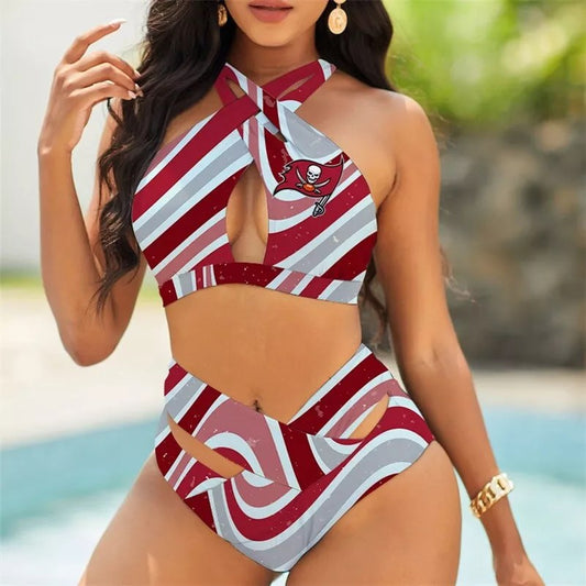 Tampa Bay Buccaneers Women’s 2PCS Bikini Swimsuit Criss Cross Cutout Bathing Suit S12-3