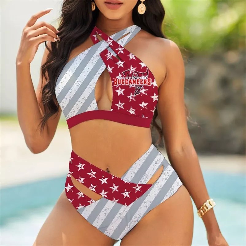 Tampa Bay Buccaneers Women’s 2PCS Bikini Swimsuit Criss Cross Cutout Bathing Suit S12-5