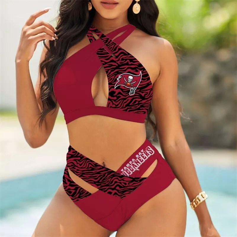 Tampa Bay Buccaneers Women’s 2PCS Bikini Swimsuit Criss Cross Cutout Bathing Suit S12-1