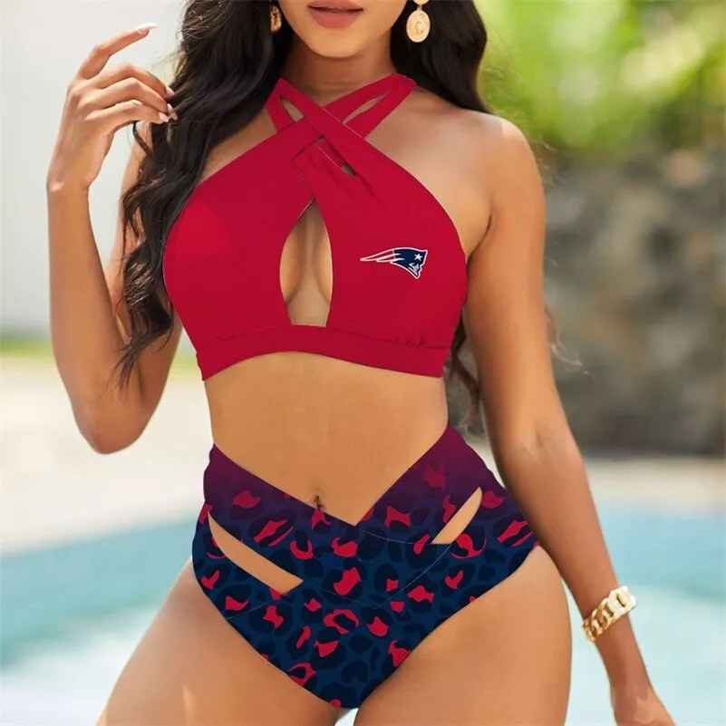 New England Patriots Women’s 2PCS Bikini Swimsuit Criss Cross Cutout Bathing Suit S09-1