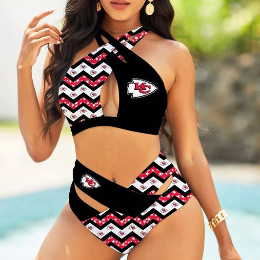 Kansas City Chiefs Women’s 2PCS Bikini Swimsuit Criss Cross Cutout Bathing Suit S03-2
