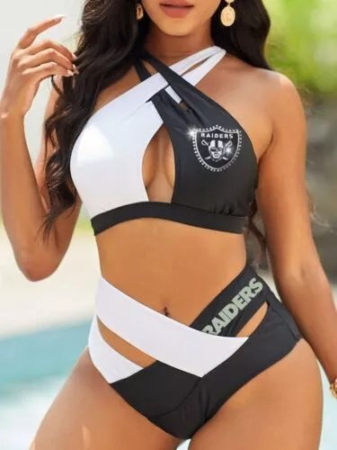 Las Vegas Raiders Women’s 2PCS Bikini Swimsuit Criss Cross Cutout Bathing Suit S10-2