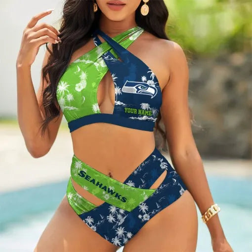 Seattle Seahawks Women’s 2PCS Bikini Swimsuit Criss Cross Cutout Bathing Suit S9BCCB086