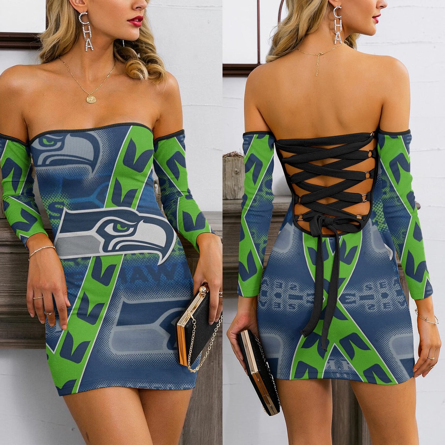 Seattle Seahawks Lace Up Back Bardot Bodycon Dress BG11