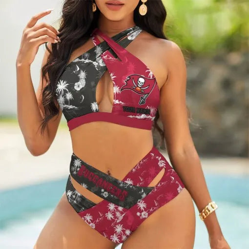 Tampa Bay Buccaneers Women’s 2PCS Bikini Swimsuit Criss Cross Cutout Bathing Suit S9BCCB087