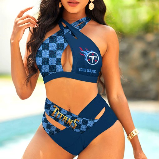 Tennessee Titans Women’s 2PCS Bikini Swimsuit Criss Cross Cutout Bathing Suit S9BCCB056